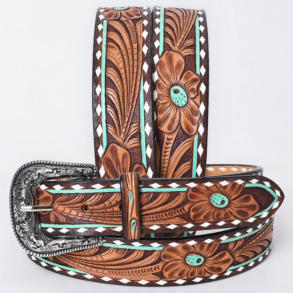 American Darling Floral Hand Carved Painted Belt Buckle Genuine Leather Covered Stylish Brown | Western