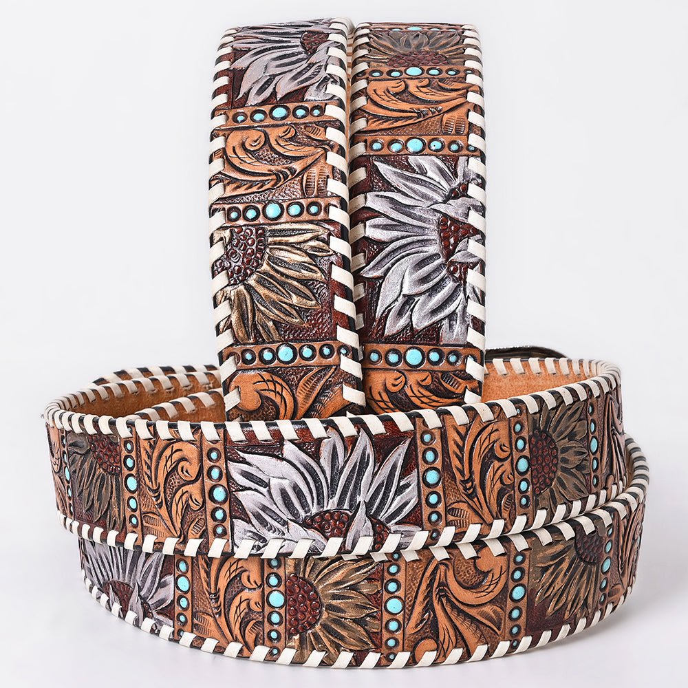 American Darling Floral Hand Carved Painted Belt Buckle Genuine Leather Covered Stylish Brown | Western