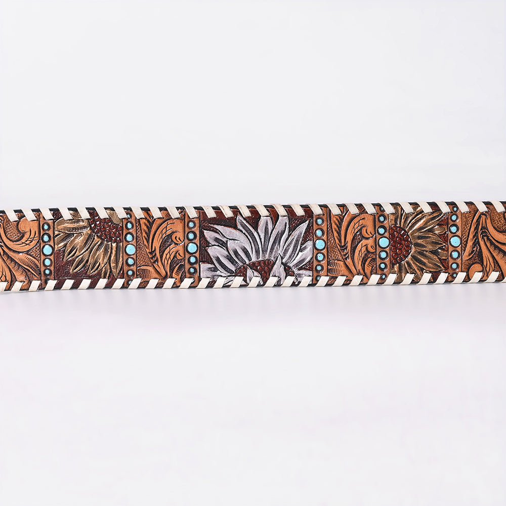 American Darling Floral Hand Carved Painted Belt Buckle Genuine Leather Covered Stylish Brown | Western