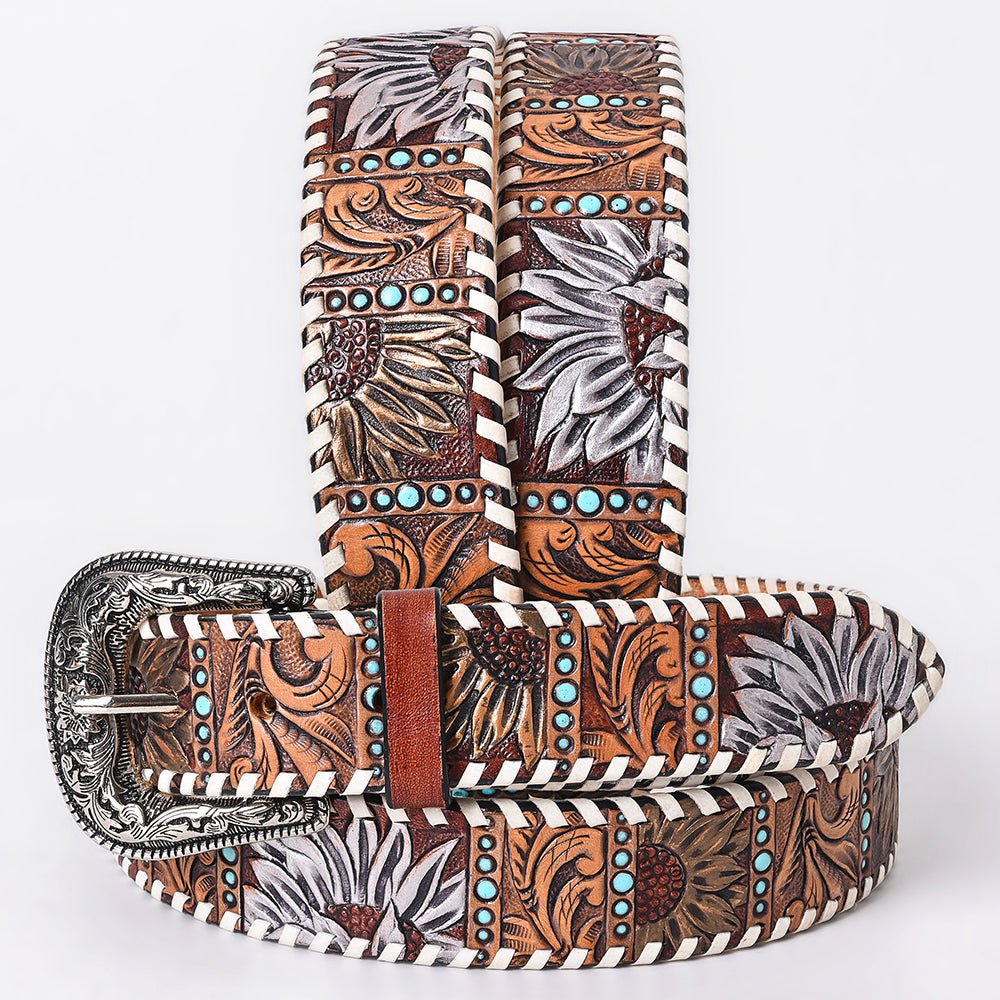 American Darling Floral Hand Carved Painted Belt Buckle Genuine Leather Covered Stylish Brown | Western