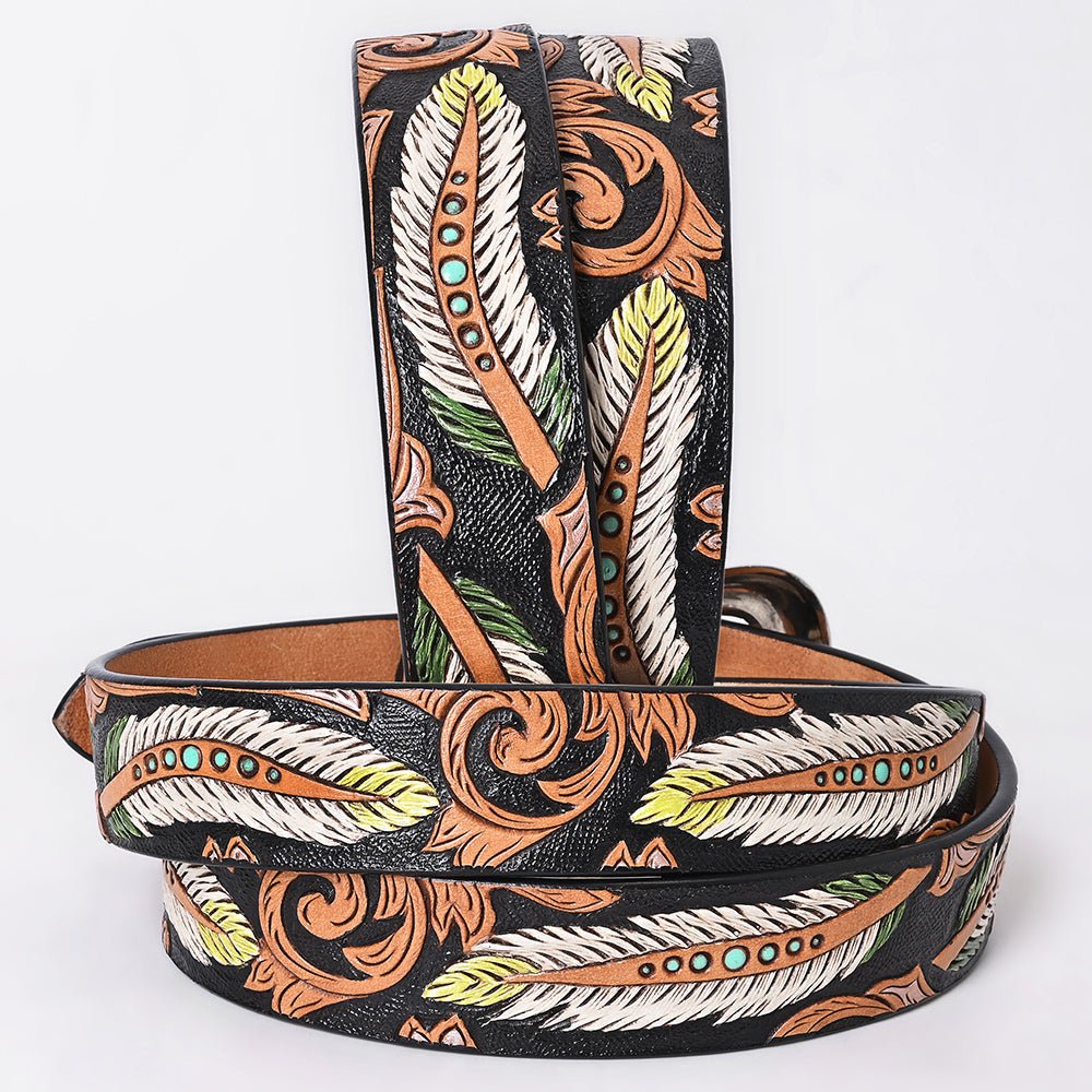 American Darling Floral Hand Carved Painted Belt Buckle Genuine Leather Covered Stylish Brown | Western