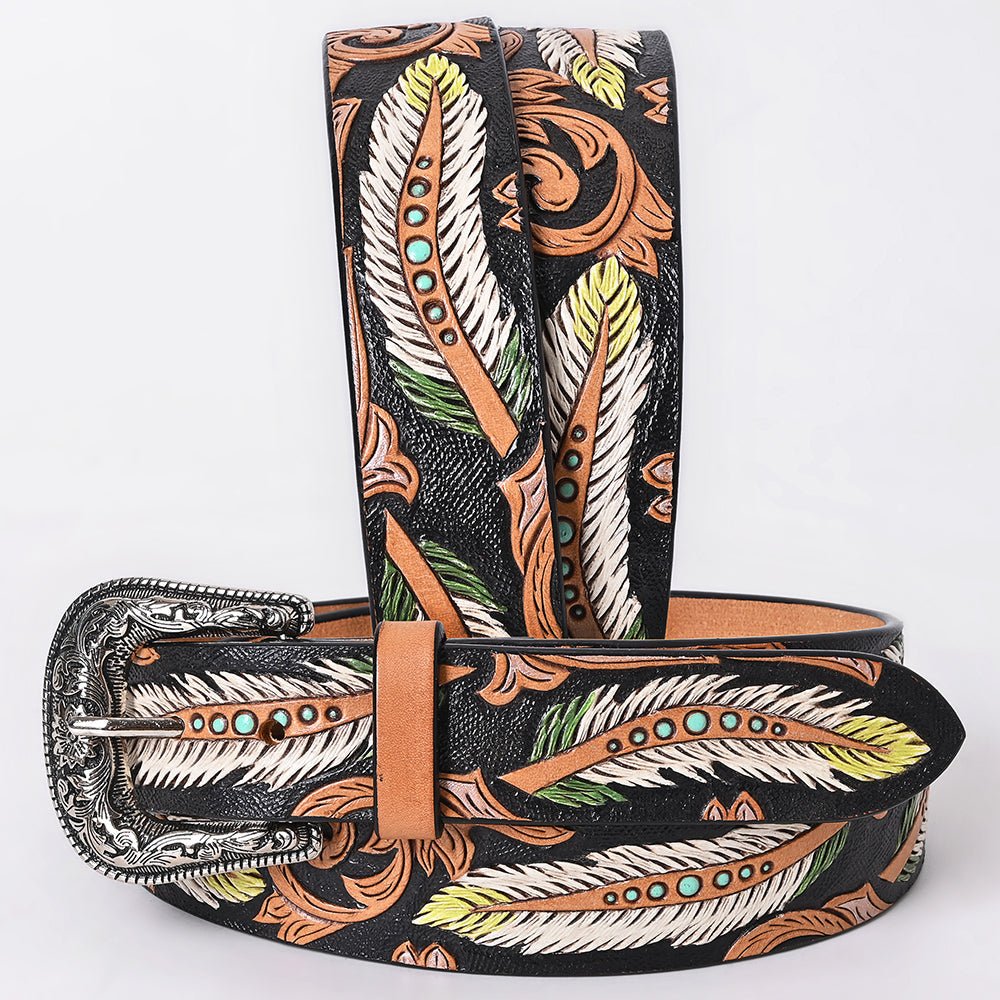 American Darling Floral Hand Carved Painted Belt Buckle Genuine Leather Covered Stylish Brown | Western