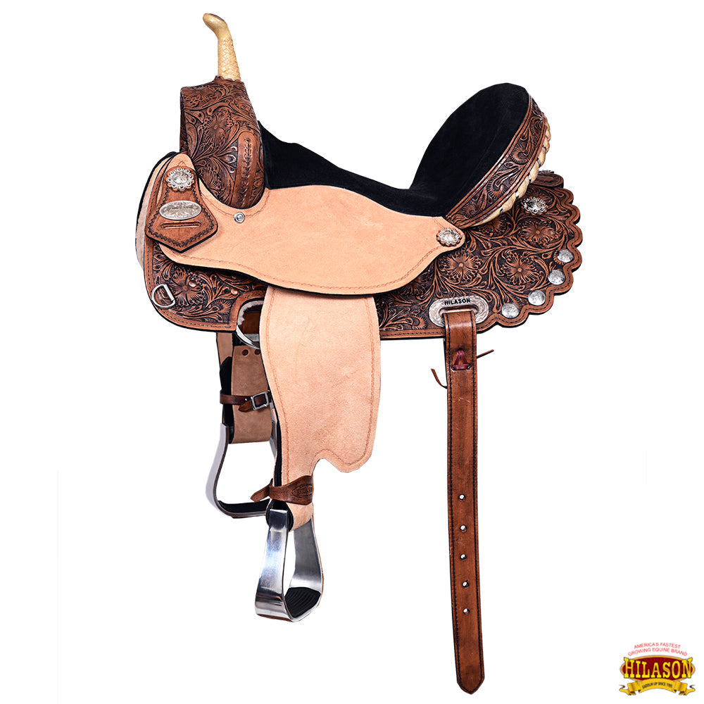 HILASON Western Horse Flex Tree Trail Barrel American Leather Saddle & Handtooled Headstall Breast Collar Set Brown