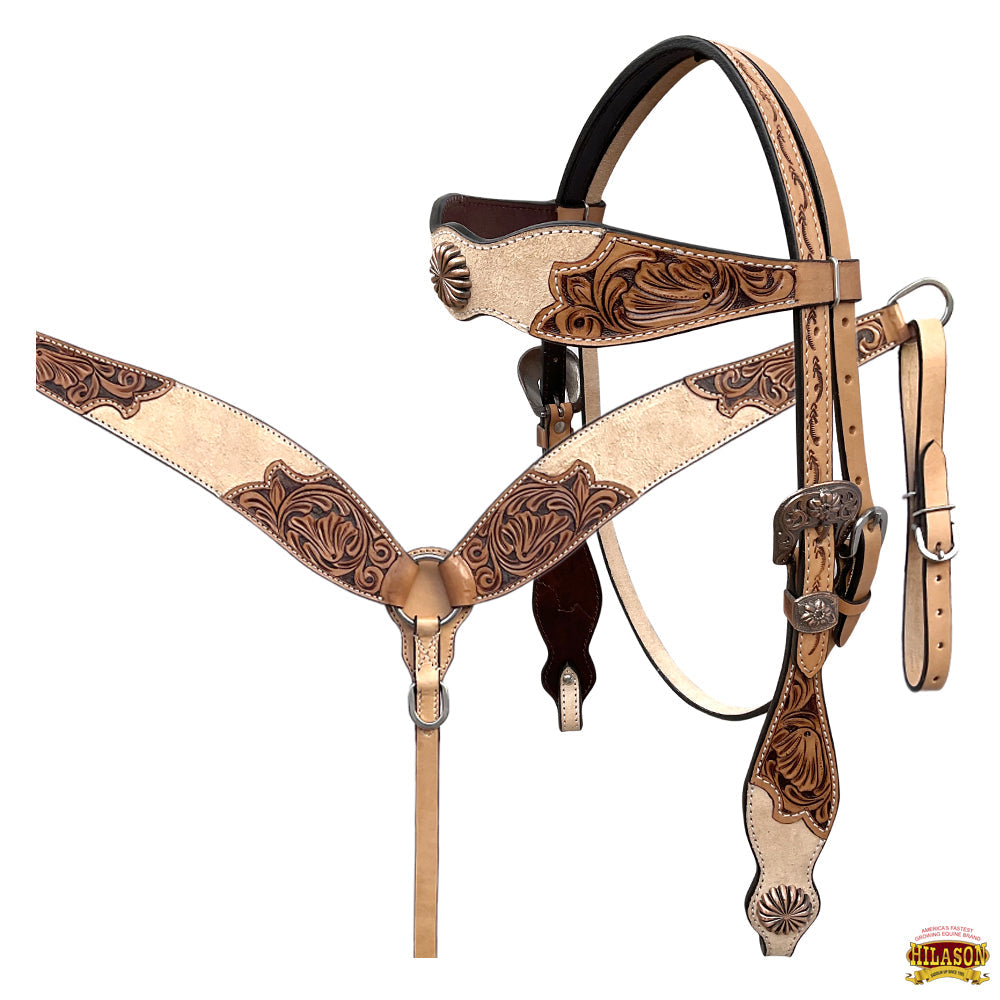 HILASON Western Horse Flex Tree Trail Barrel American Leather Saddle & Handtooled Headstall Breast Collar Set Brown