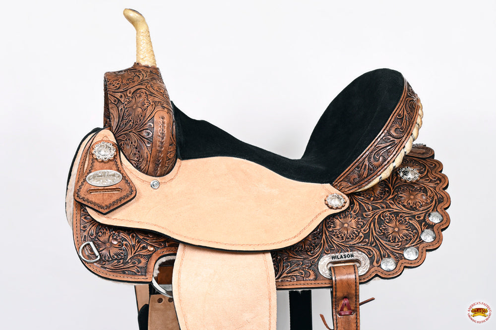 HILASON Western Horse Flex Tree Trail Barrel American Leather Saddle & Handtooled Headstall Breast Collar Set Brown