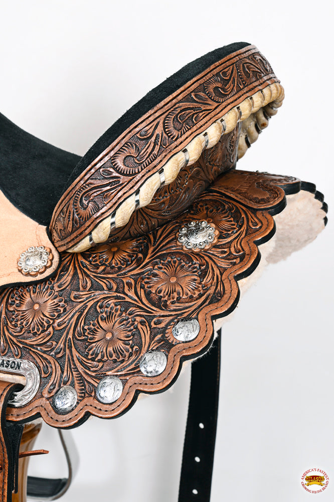 HILASON Western Horse Flex Tree Trail Barrel American Leather Saddle & Handtooled Headstall Breast Collar Set Brown