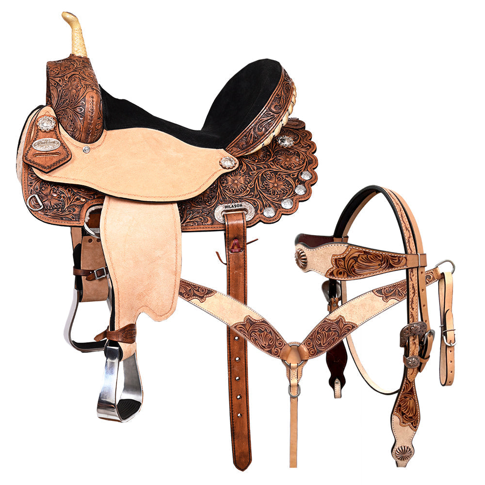 HILASON Western Horse Flex Tree Trail Barrel American Leather Saddle & Handtooled Headstall Breast Collar Set Brown