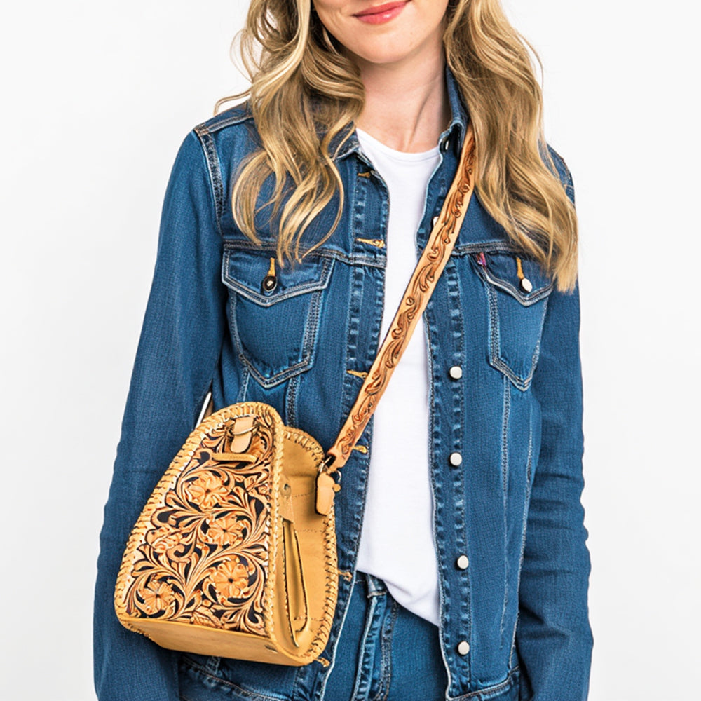American Darling Braided Leather Bucket Bag - Hand Tooled Floral Carved Eco-Friendly Vegetable Tanned Full Grain Purse
