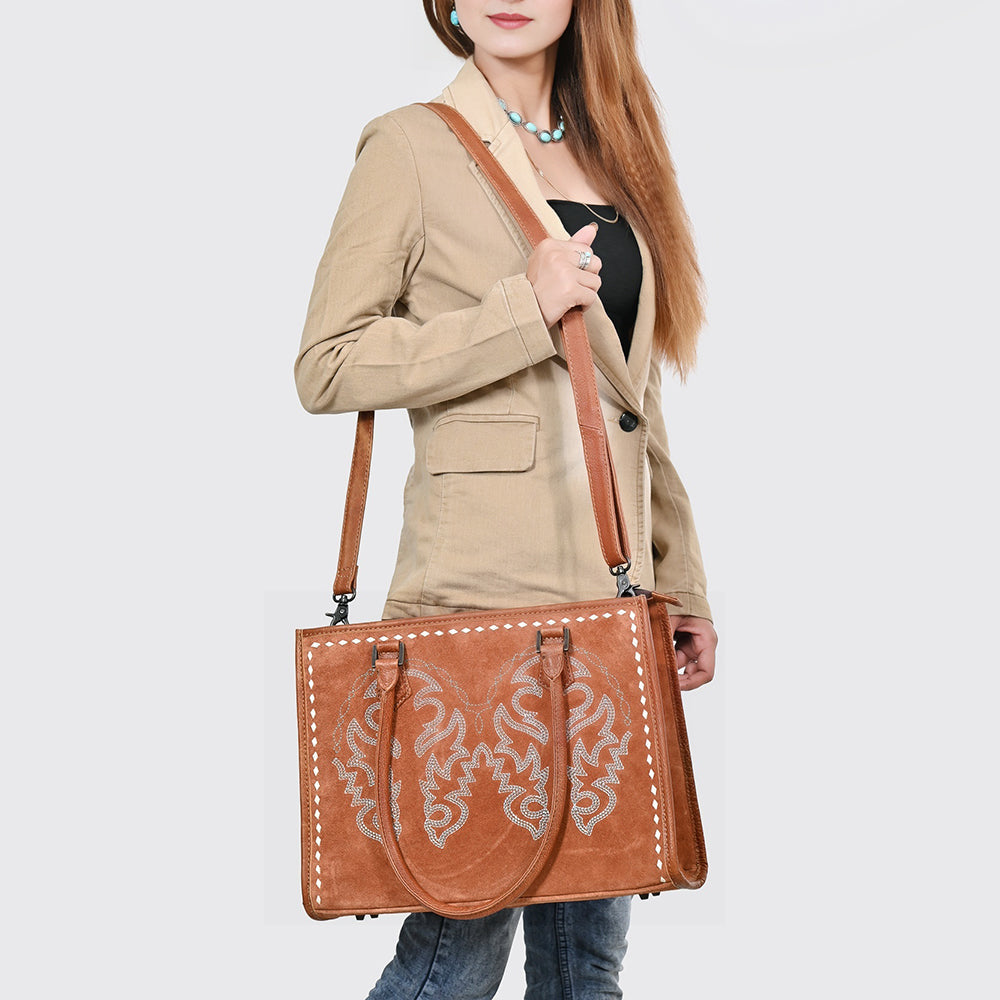 American Darling Tote Bag for Women, Boot Stitched Genuine Suede & Vegetable-Tanned Full Grain Leather Western Purse, YKK Zipper