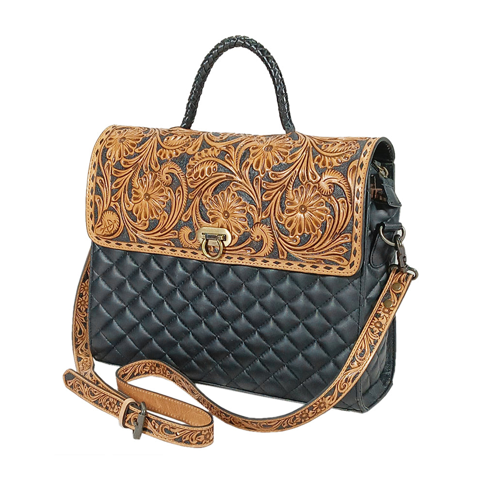 American Darling Hand-Tooled Floral & Quilted Leather Western Messenger Bag