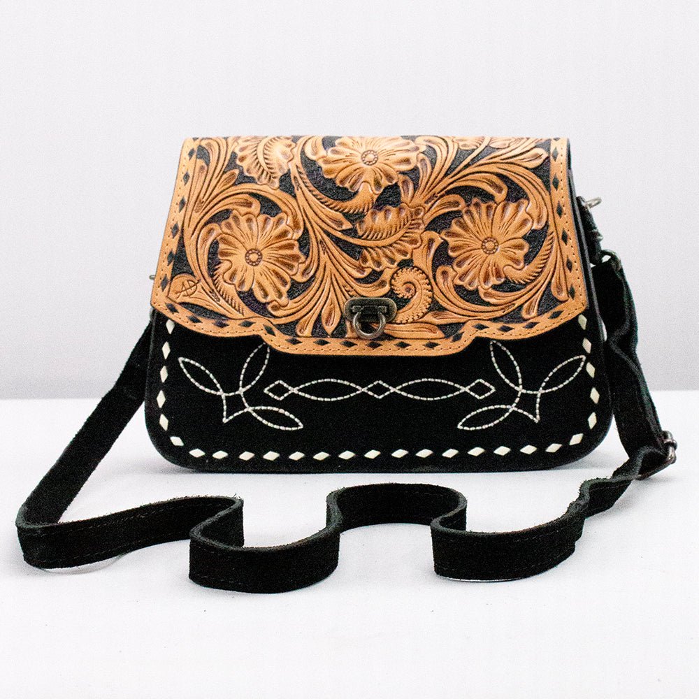 Western Tooled Suede Leather Crossbody Bag Black Tan