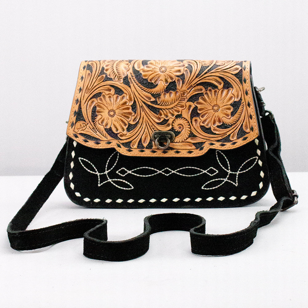 American Darling Cross body Bag Hand Tooled Floral Carved Genuine Suede Leather Western Purse
