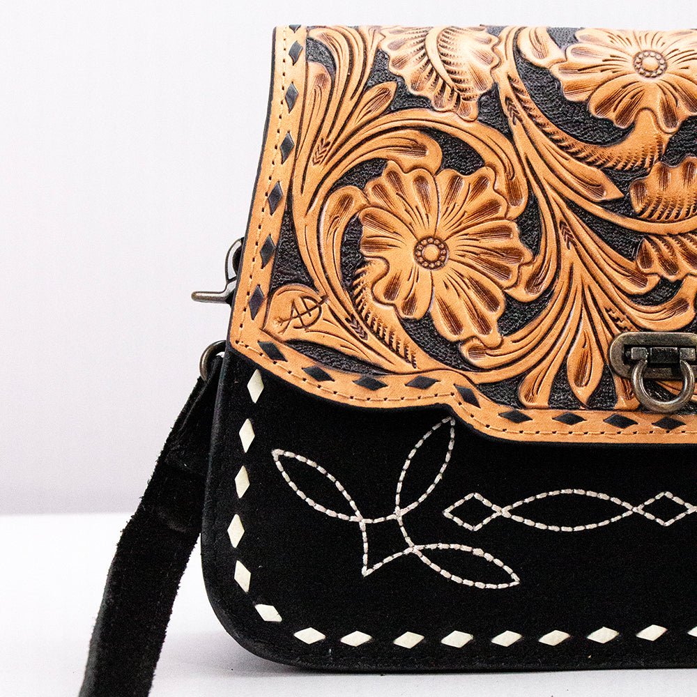 Western Tooled Suede Leather Crossbody Bag Black Tan
