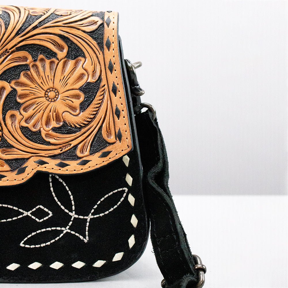 Western Tooled Suede Leather Crossbody Bag Black Tan