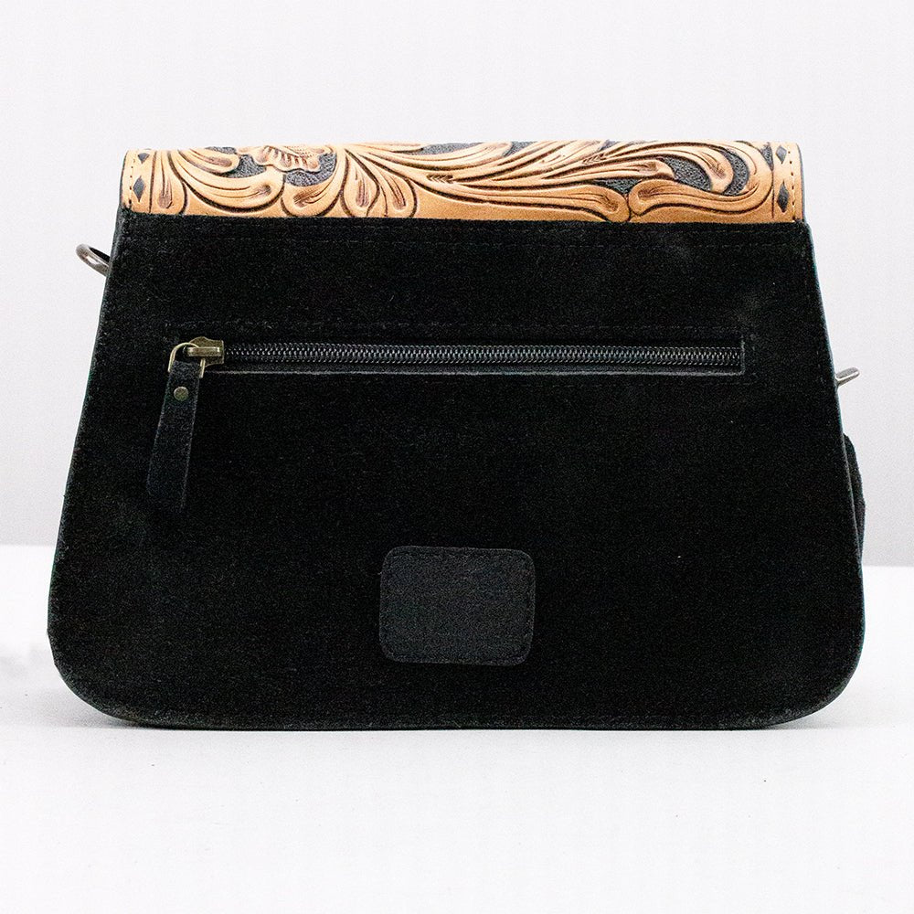 Western Tooled Suede Leather Crossbody Bag Black Tan