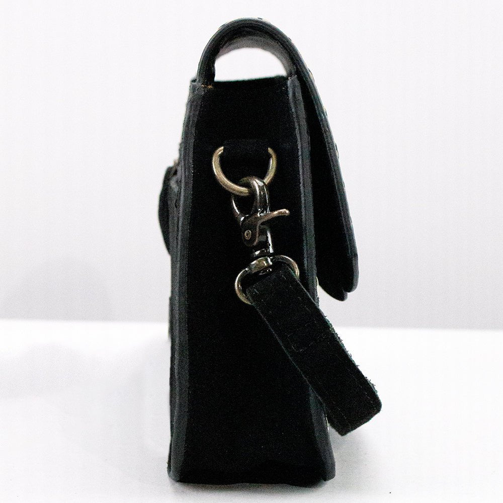 Western Tooled Suede Leather Crossbody Bag Black Tan