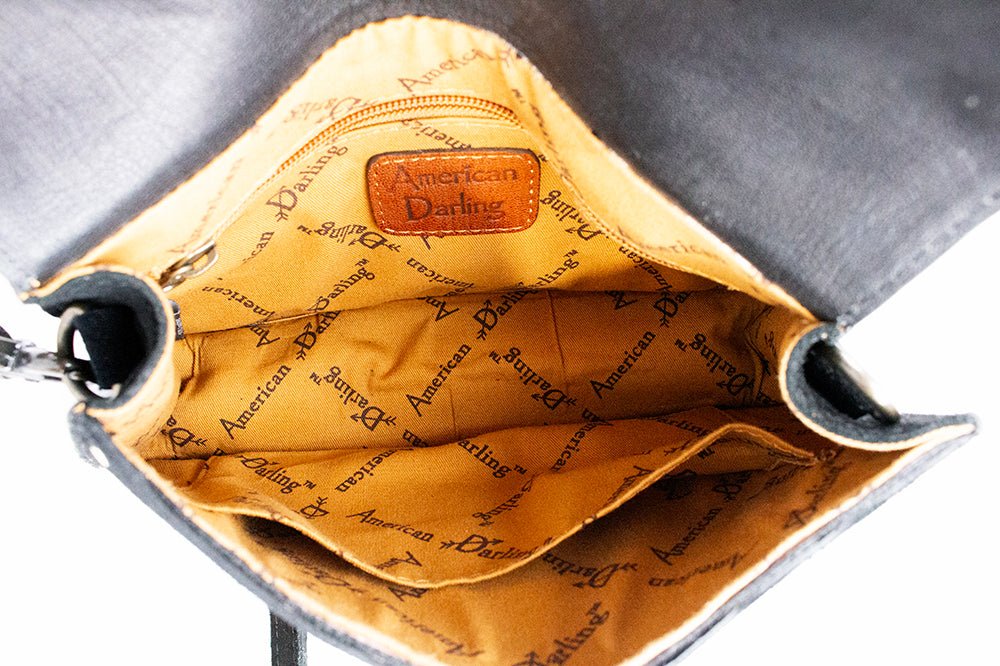 Western Tooled Suede Leather Crossbody Bag Black Tan
