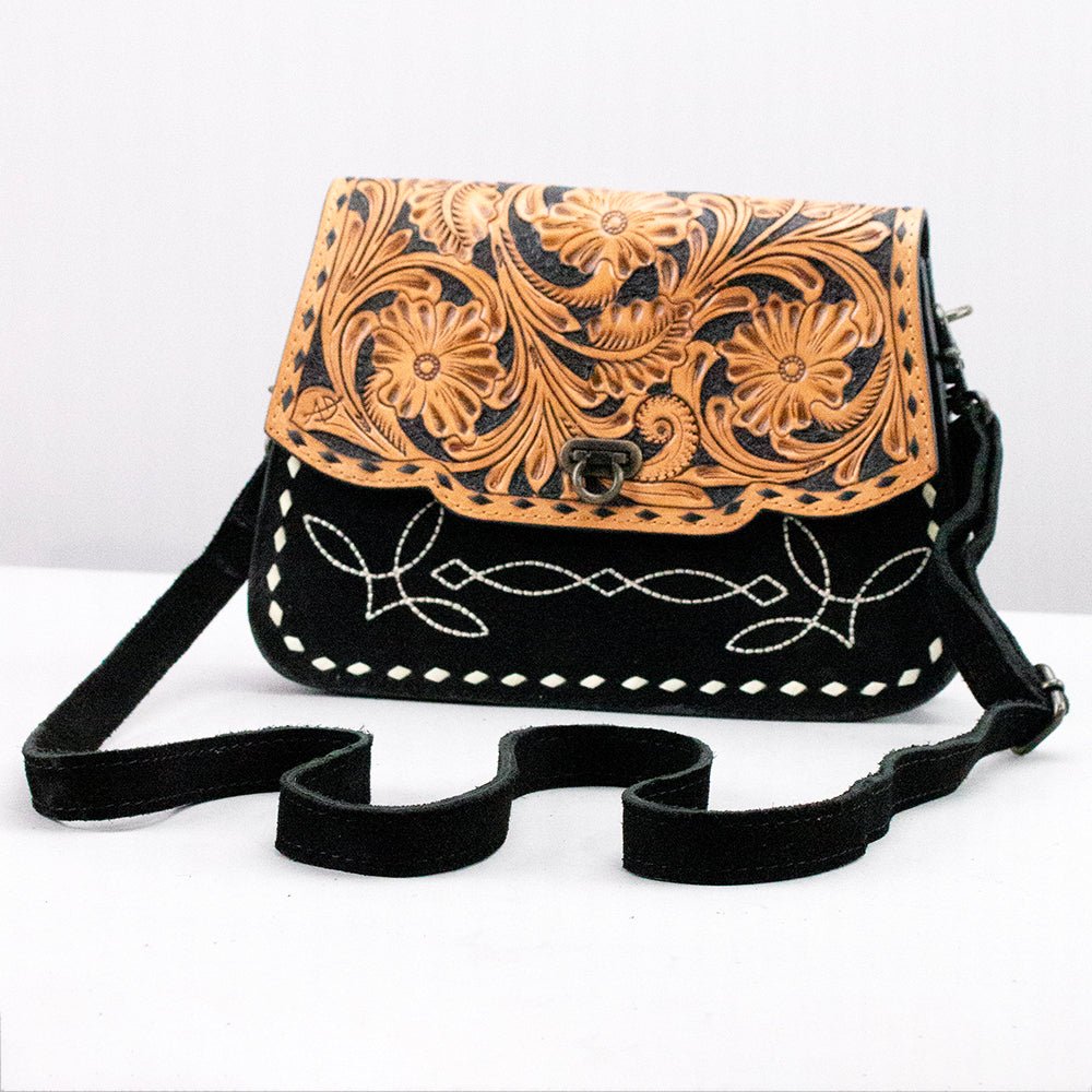 Western Tooled Suede Leather Crossbody Bag Black Tan