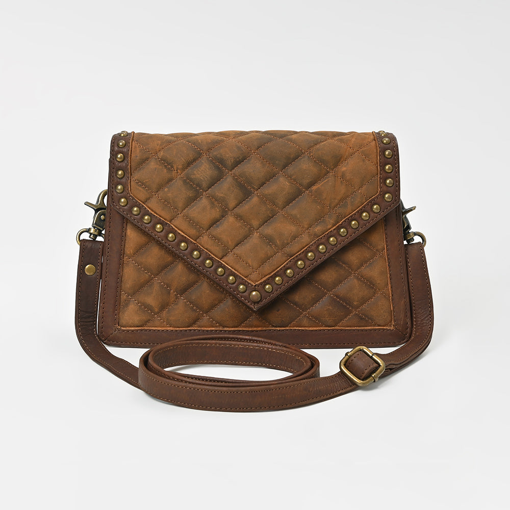 American Darling Vintage Quilted Leather Crossbody Bag for Women – Genuine Leather Studded Shoulder Bag with Adjustable Strap
