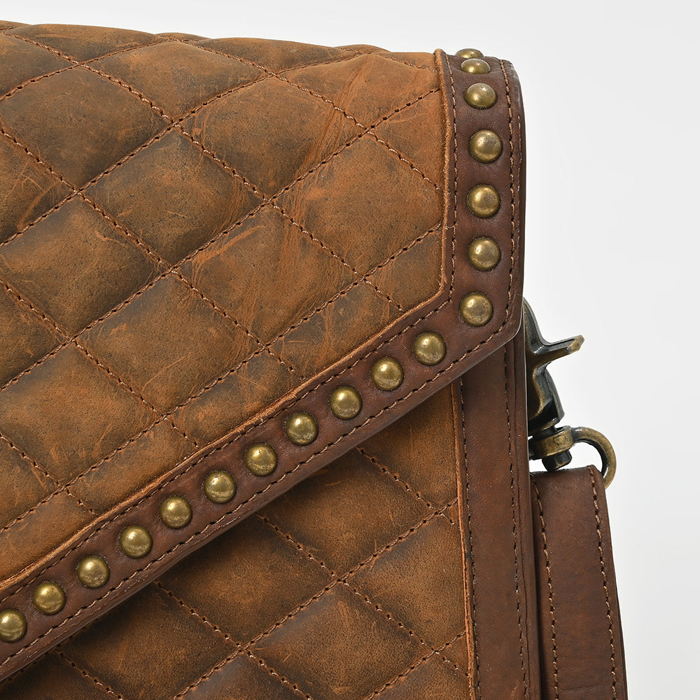 American Darling Vintage Quilted Leather Crossbody Bag for Women – Genuine Leather Studded Shoulder Bag with Adjustable Strap