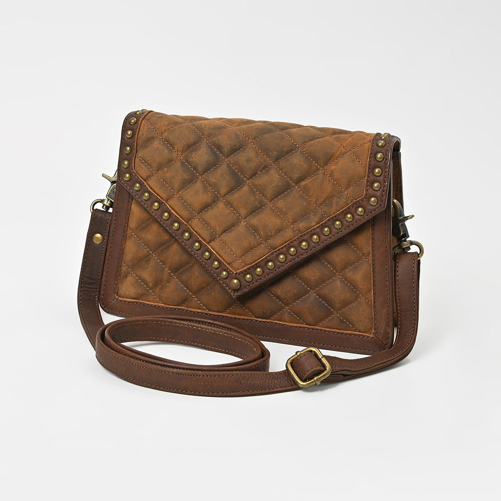 American Darling Vintage Quilted Leather Crossbody Bag for Women – Genuine Leather Studded Shoulder Bag with Adjustable Strap