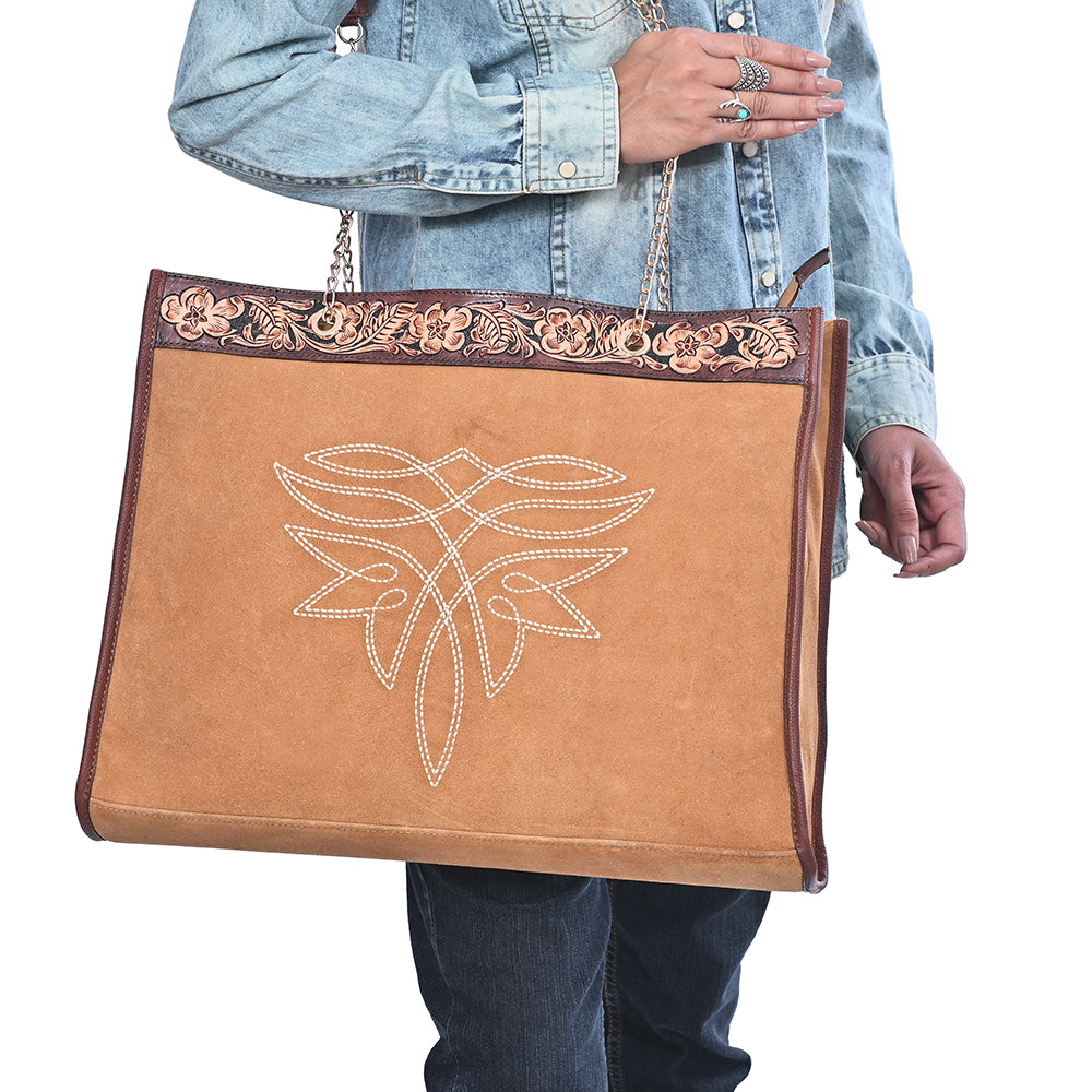 American Darling Tote Bag Hand Tooled Floral Genuine Leather Western Purse with Boot Stitched Detail and YKK Zipper