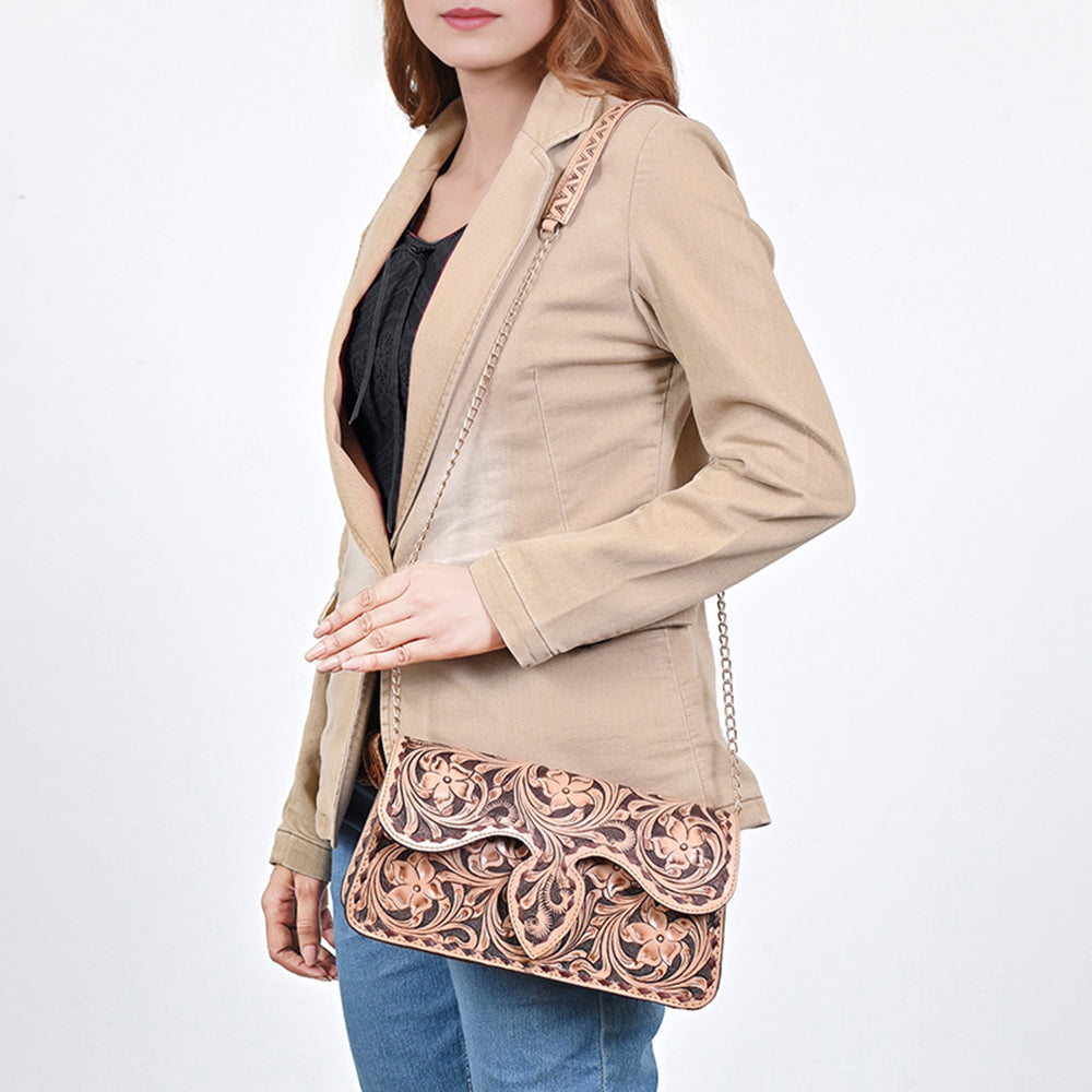 American Darling Hand Tooled Floral Carved Vegetable-Tanned Genuine Leather Cross body Bag with YKK Zipper