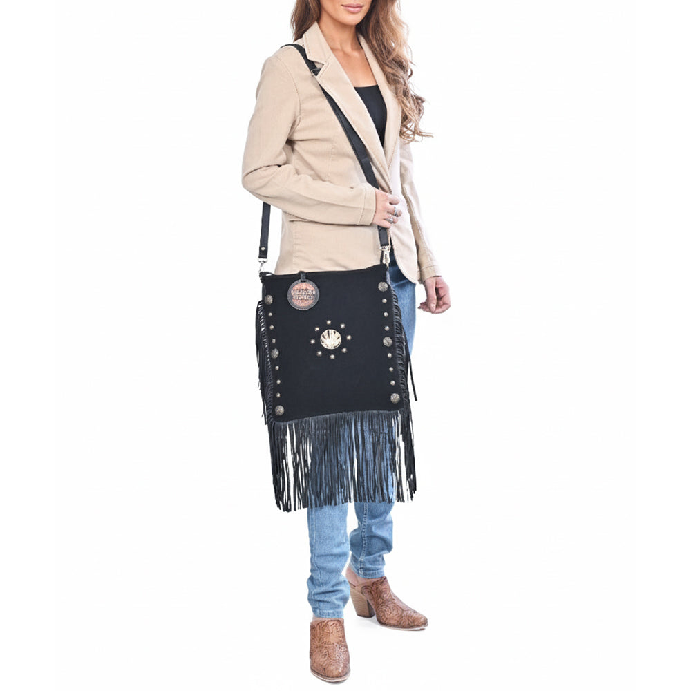 American Darling Large Cross body Bag Western Suede Leather Purse with Fringes Rivets Concho and YKK Zipper for Women