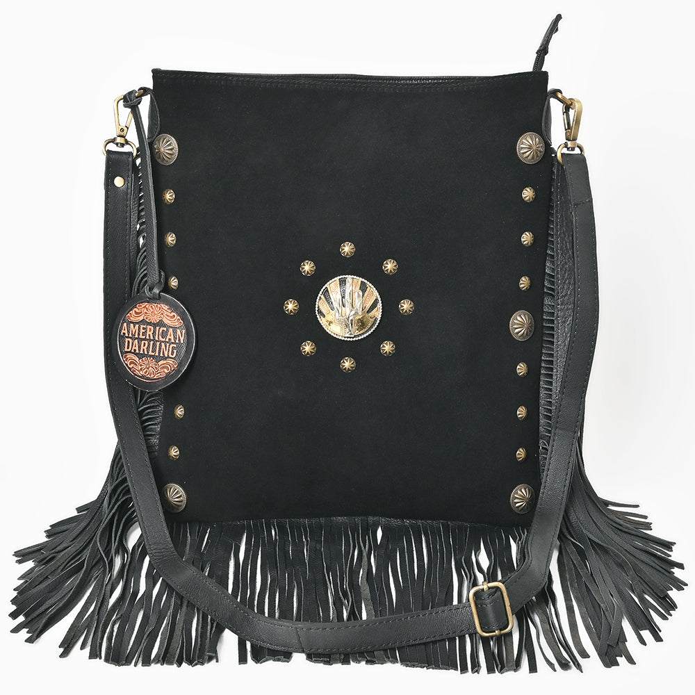 American Darling Large Cross body Bag Western Suede Leather Purse with Fringes Rivets Concho and YKK Zipper for Women