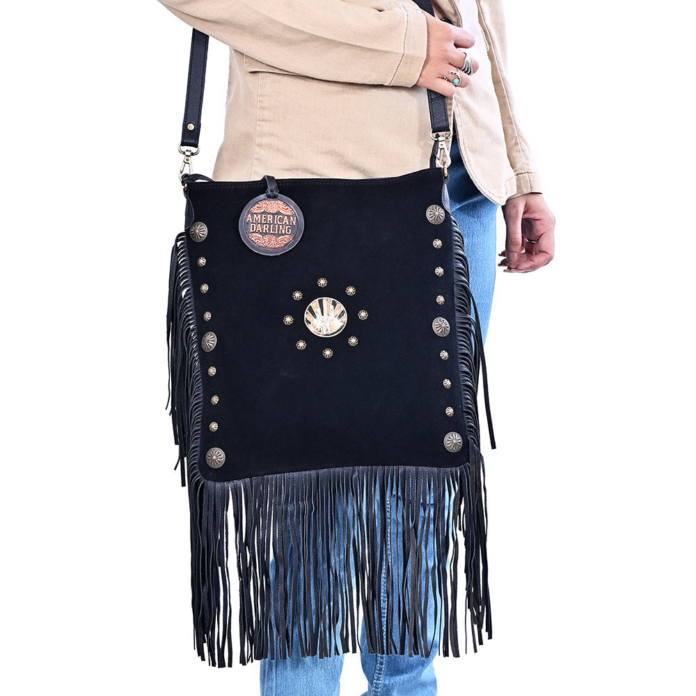 American Darling Large Cross body Bag Western Suede Leather Purse with Fringes Rivets Concho and YKK Zipper for Women