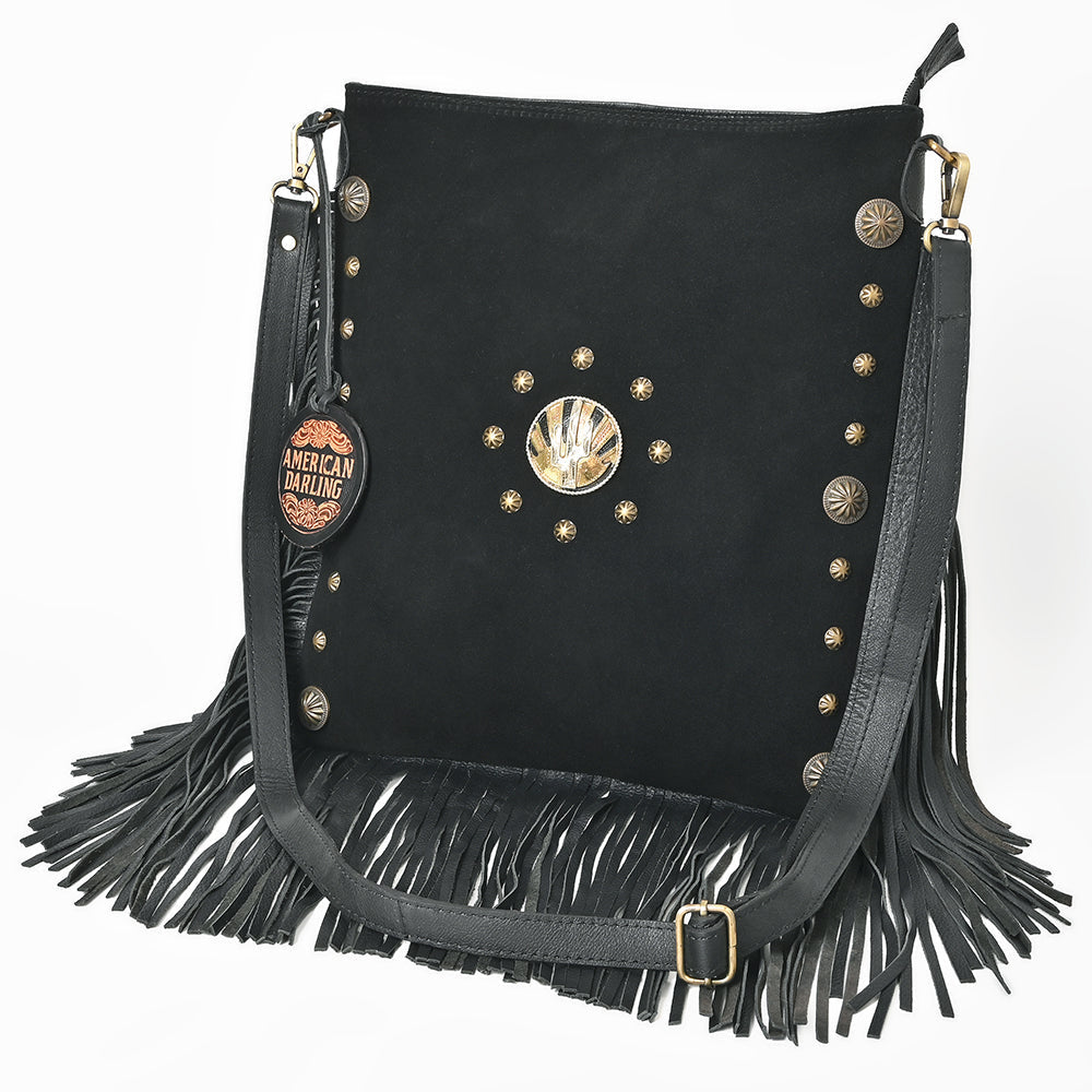 American Darling Large Cross body Bag Western Suede Leather Purse with Fringes Rivets Concho and YKK Zipper for Women