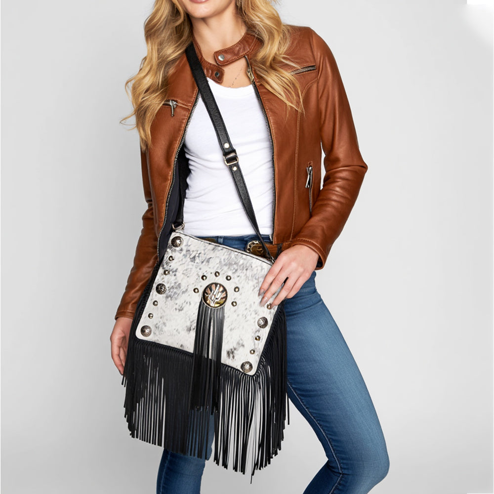 American Darling Hair-On Cowhide Vegetable-Tanned Genuine Leather Cross body Bag with Fringes Concho and YKK Zipper