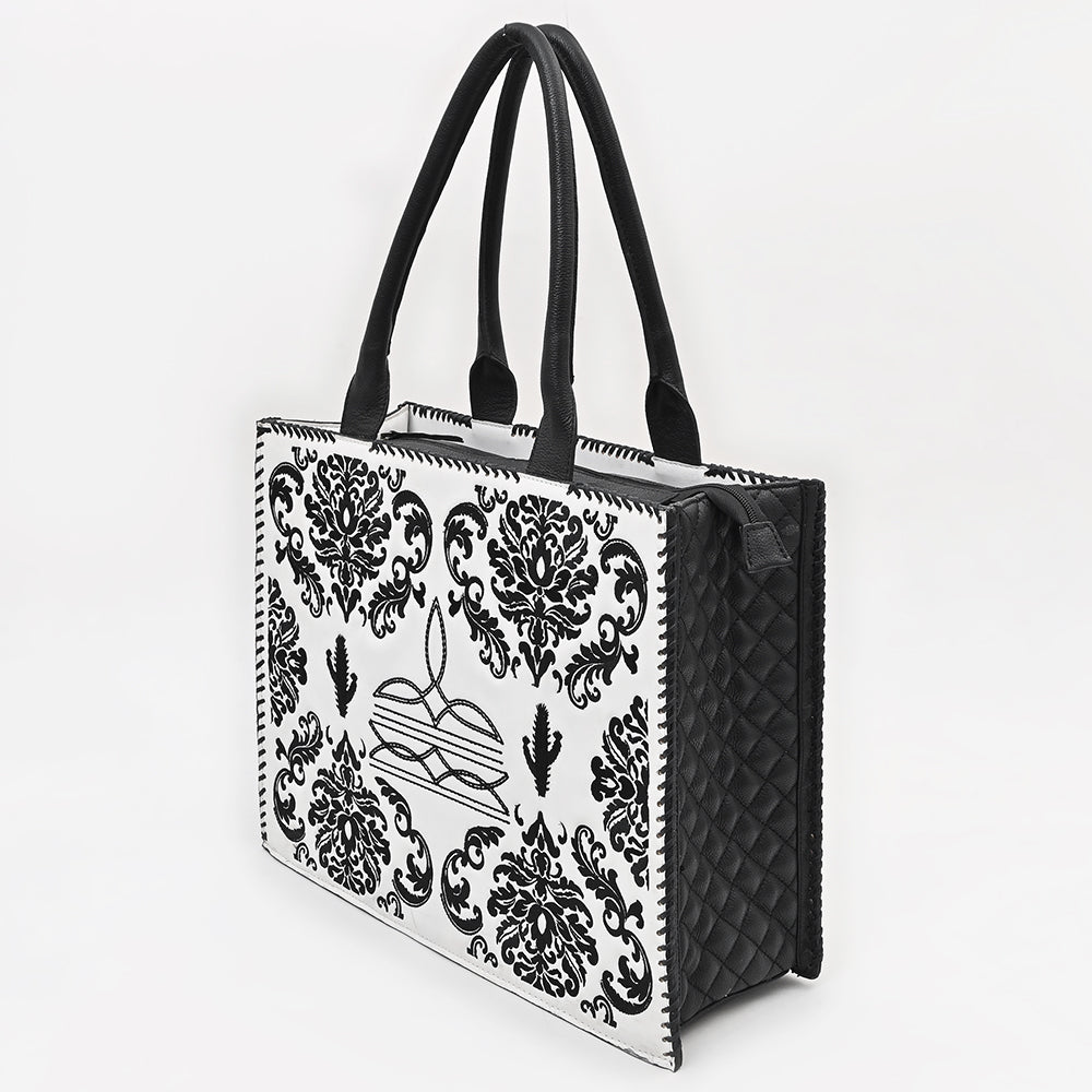 American Darling Embroidered Quilted Vegetable-Tanned Genuine Leather Tote Bag with YKK Zipper and Compartments