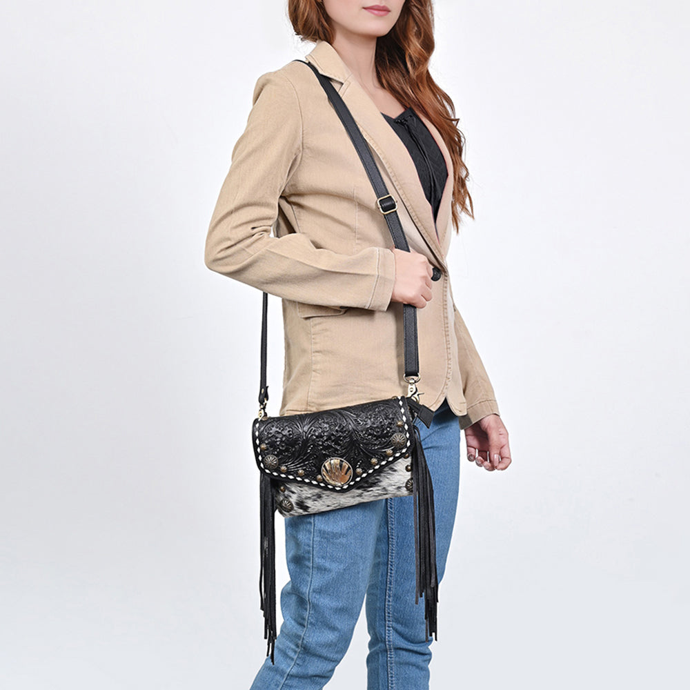 American Darling Cross body Bag, Hand Tooled Floral Leather, Hair-On Cowhide with Fringes and Concho, Small Western Purse