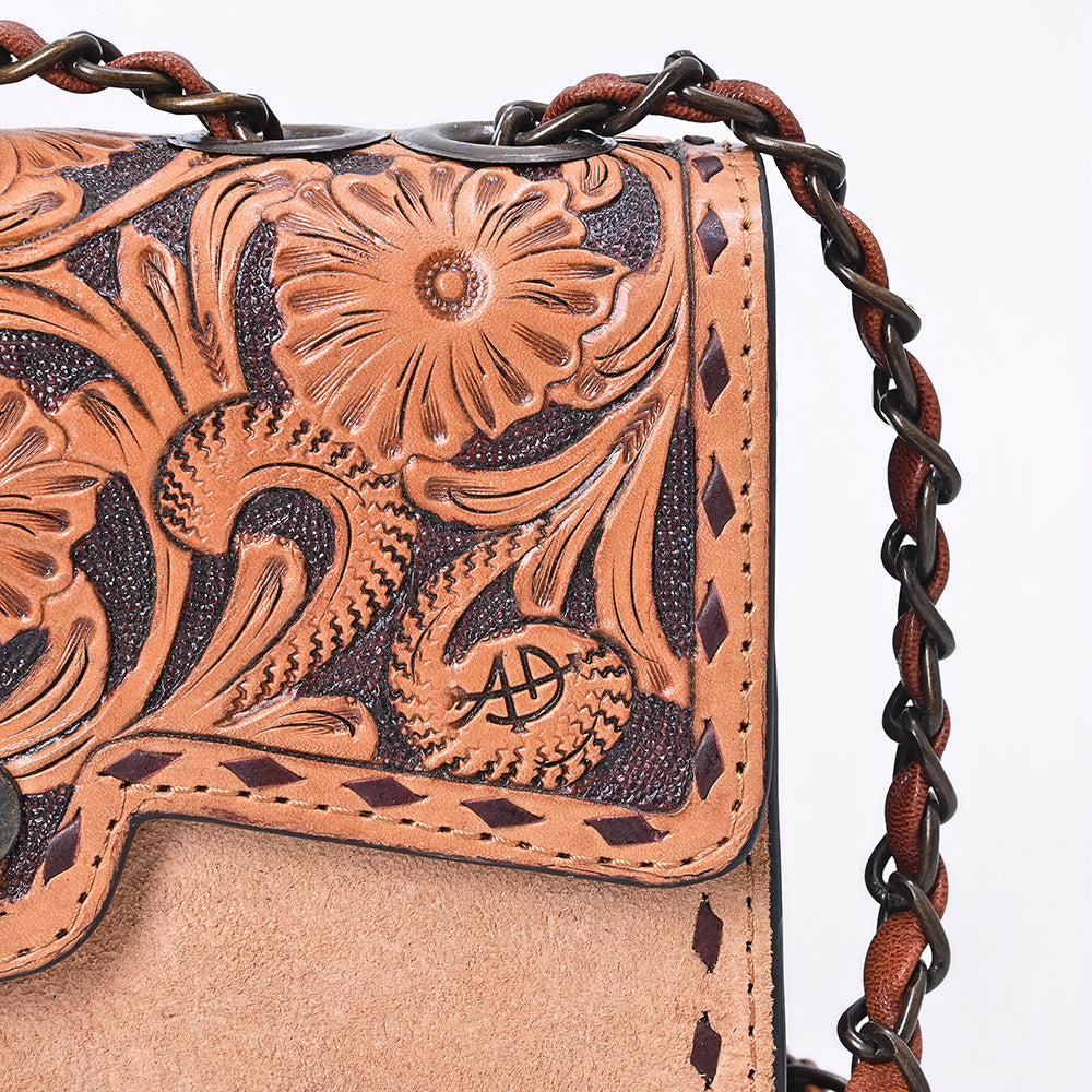 American Darling Cross Body Bag Hand Tooled Floral Carved Buck Stitched Genuine Suede Leather Western Purse