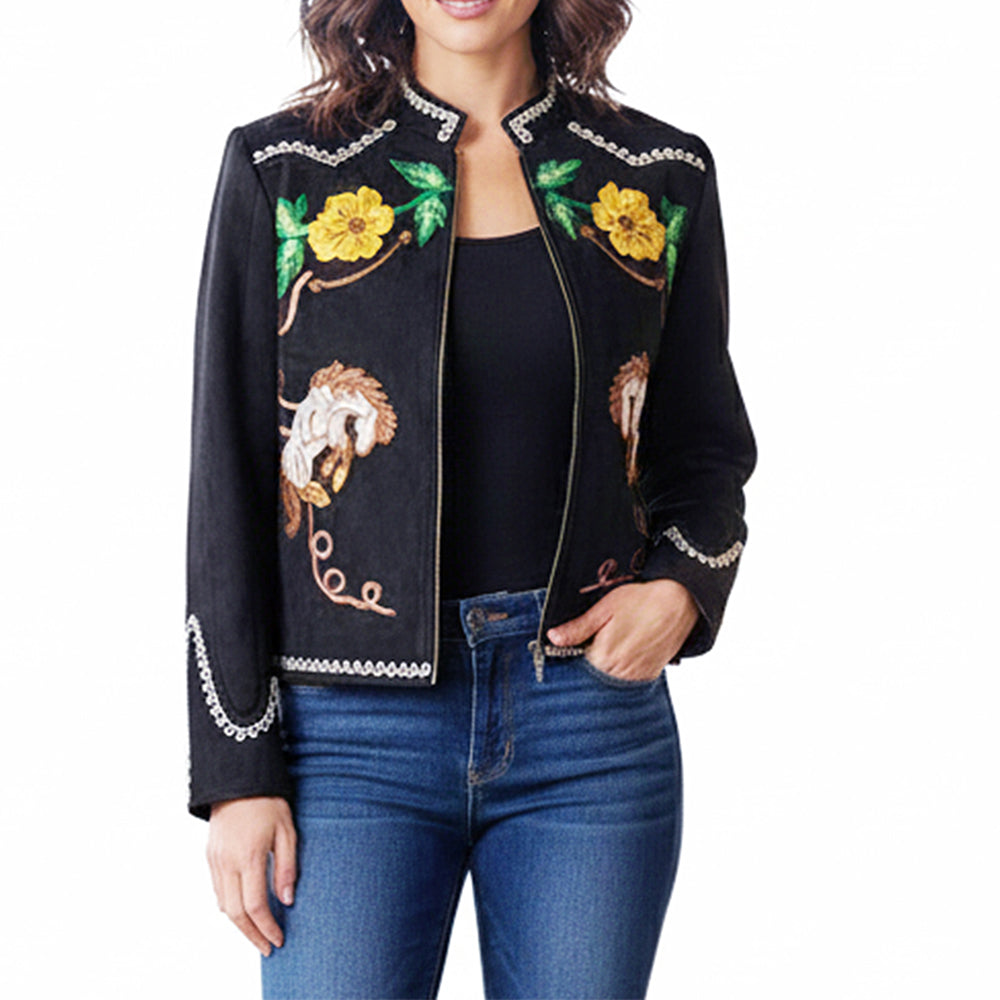 Luxuriously Textured Boho Floral Western Jacket With Ornate Horse Motif For Women