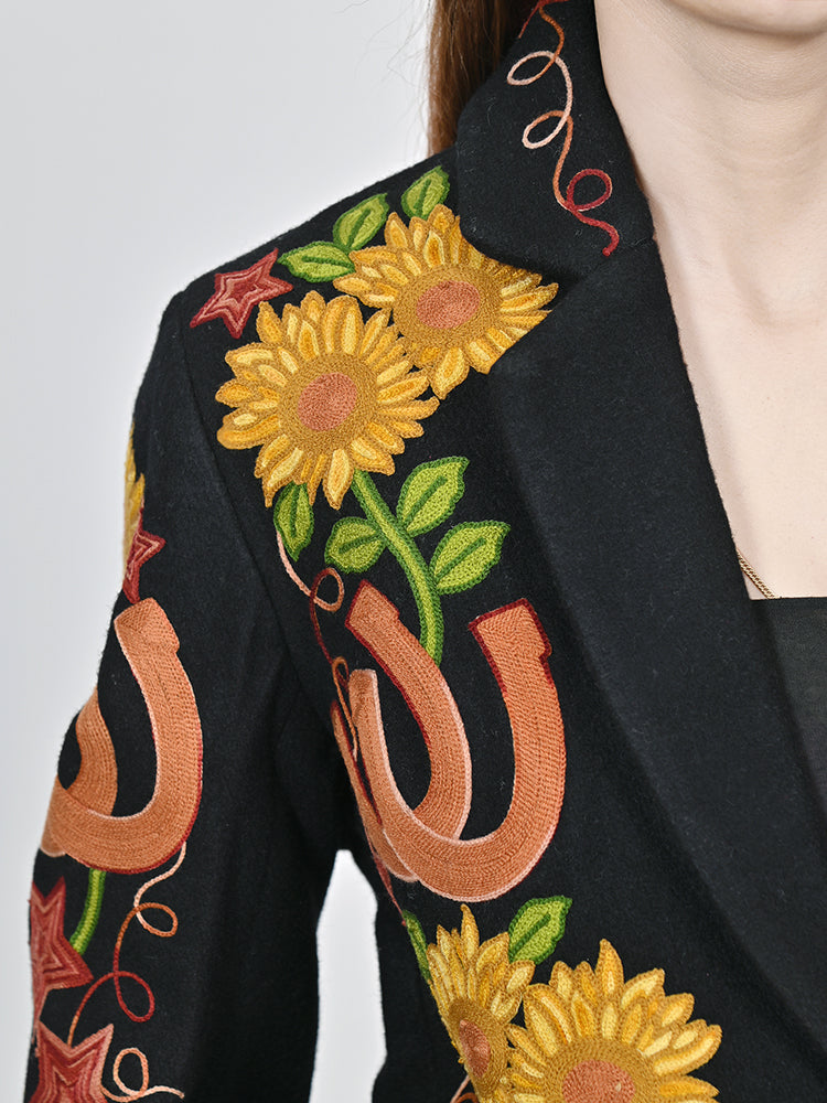 American Darling Women’s Embroidered Sunflower Blazer | Horseshoe Western Boho Fabric Jacket