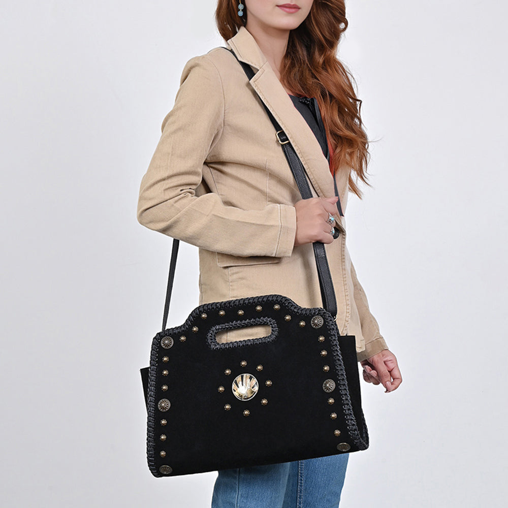 American Darling Clutch Bag for Women, Premium Suede Leather with Braided Edges, Western Concho & Studs, Large Boho Handbag