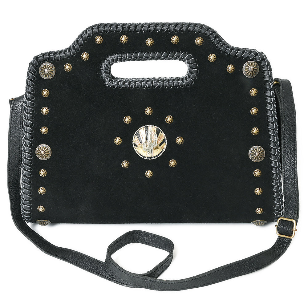 American Darling Clutch Bag for Women, Premium Suede Leather with Braided Edges, Western Concho & Studs, Large Boho Handbag