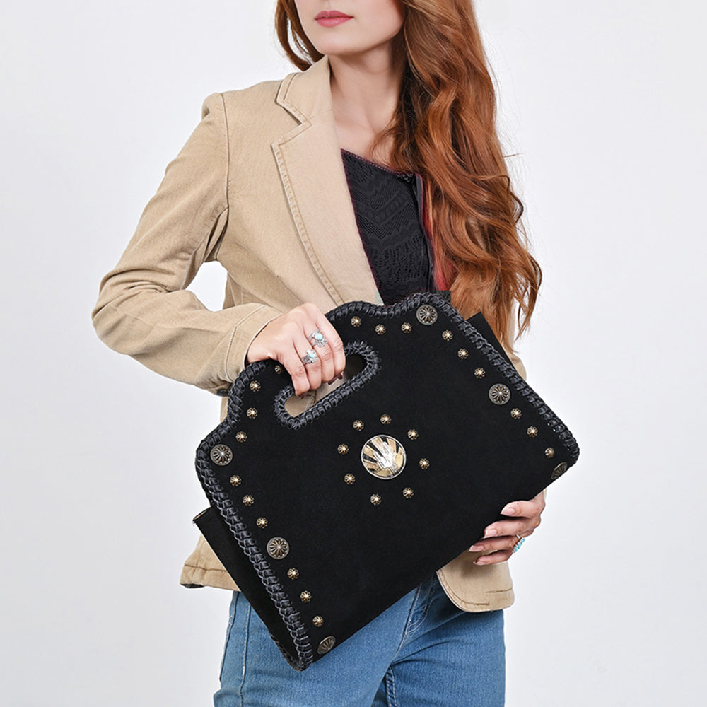 American Darling Clutch Bag for Women, Premium Suede Leather with Braided Edges, Western Concho & Studs, Large Boho Handbag