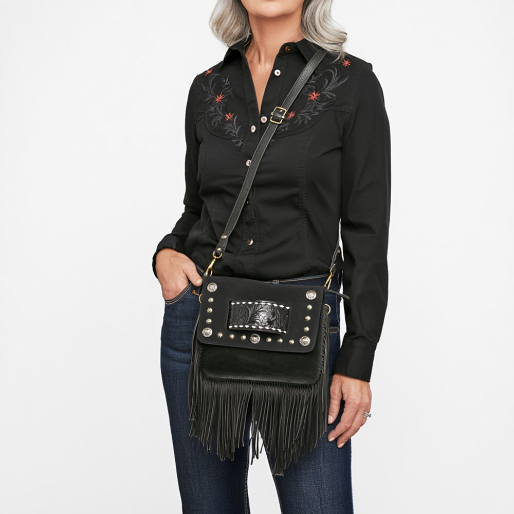American Darling Cross body Bag for Women, Hand Tooled Floral Leather & Genuine Suede with Fringes, Western Concho & YKK Zipper
