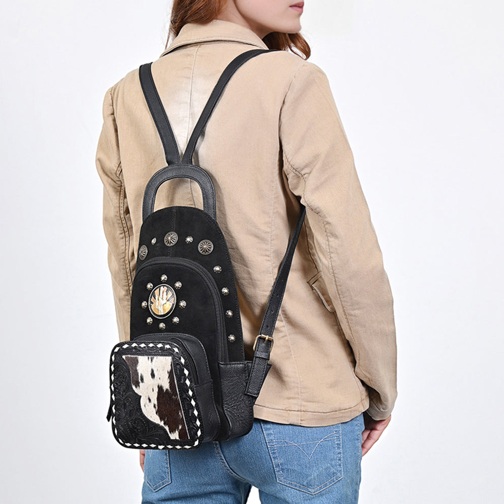 American Darling Sling Bag for Women, Hand Tooled Floral Leather & Genuine Suede, Hair-on Cowhide with Conchos, Western Backpack