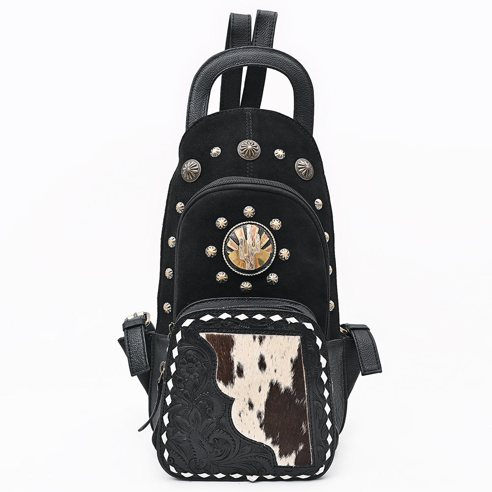 American Darling Sling Bag for Women, Hand Tooled Floral Leather & Genuine Suede, Hair-on Cowhide with Conchos, Western Backpack