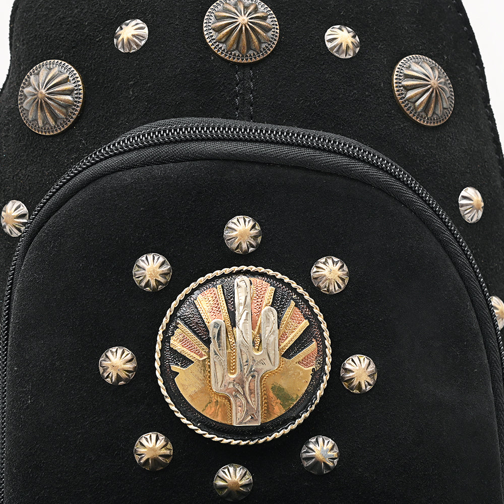 American Darling Sling Bag for Women, Hand Tooled Floral Leather & Genuine Suede, Hair-on Cowhide with Conchos, Western Backpack