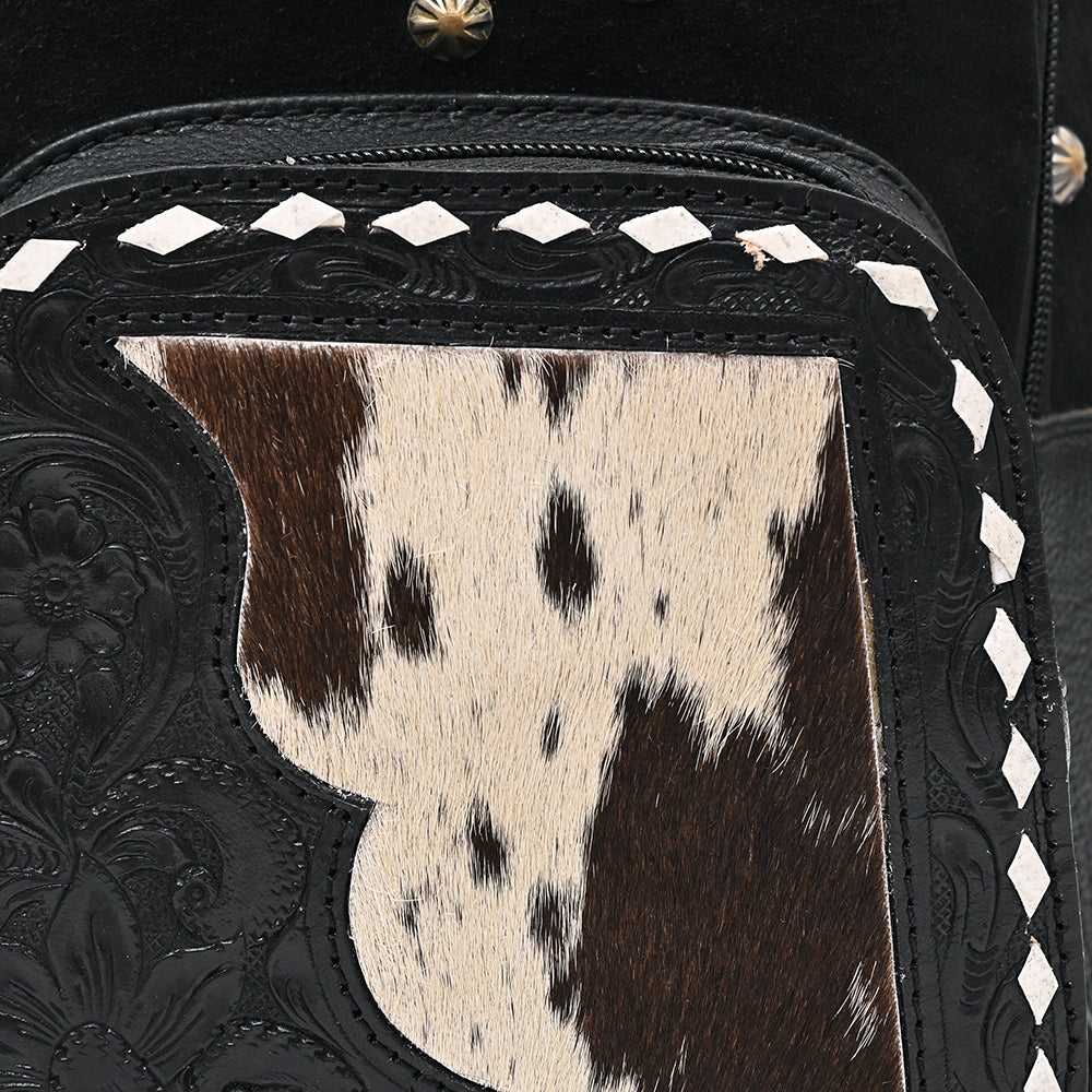 American Darling Sling Bag for Women, Hand Tooled Floral Leather & Genuine Suede, Hair-on Cowhide with Conchos, Western Backpack