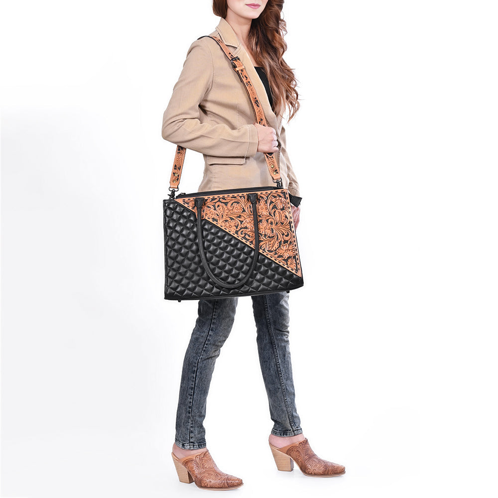 American Darling Tote Quilted Hand Tooled Genuine Leather
