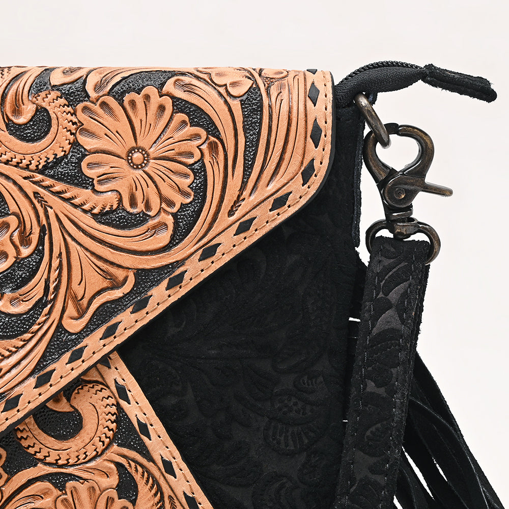 American Darling Envelop Bag Hand Tooled Floral Carved Damascus Genuine Leather Western Crossbody with Fringes