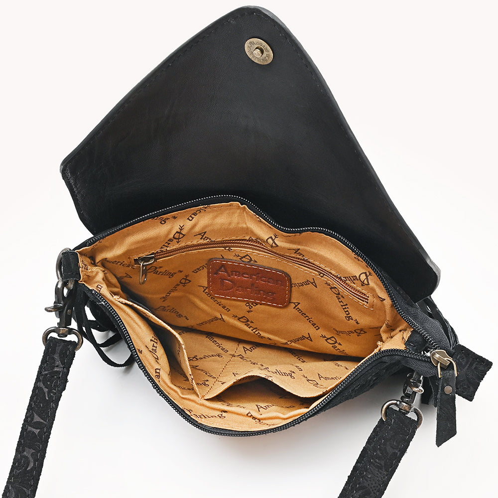 American Darling Envelop Bag Hand Tooled Floral Carved Damascus Genuine Leather Western Crossbody with Fringes