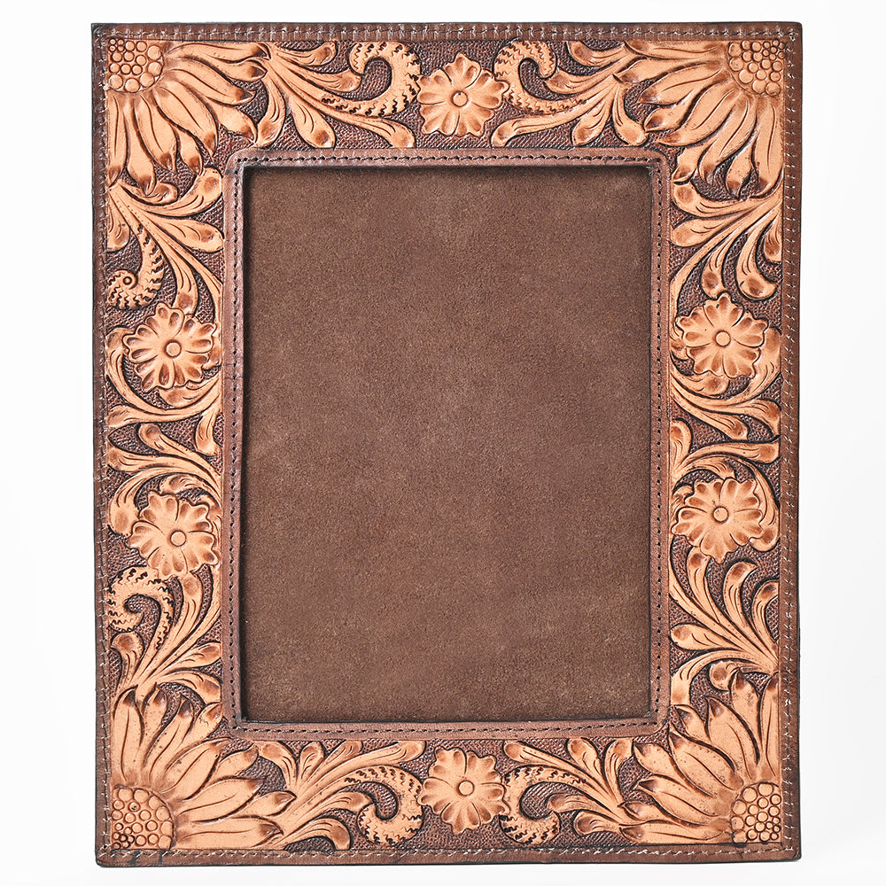 Handcrafted Leather Photo Frame With Floral Carving For Western Tabletop Display 10.5x9Inch