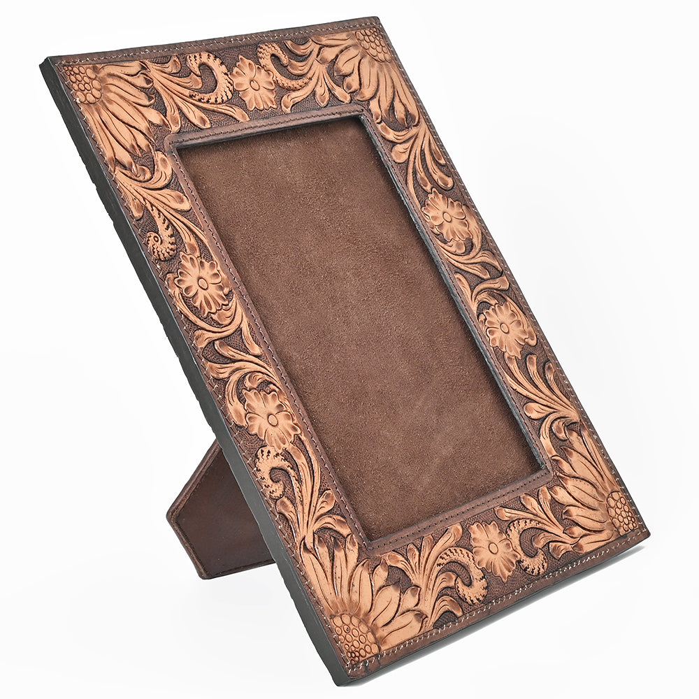 Handcrafted Leather Photo Frame With Floral Carving For Western Tabletop Display 10.5x9Inch